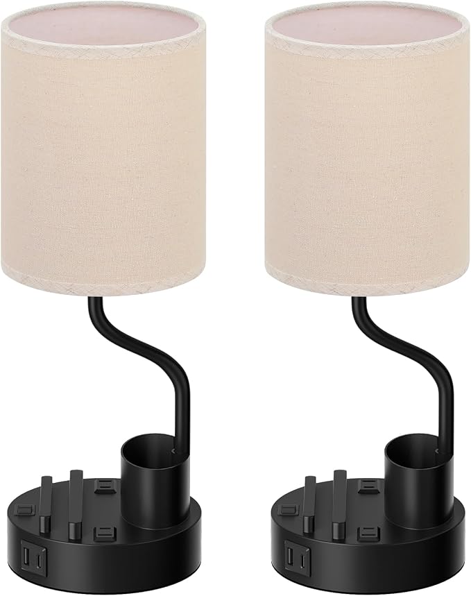 Fenmzee Bedside Lamps for Bedroom Set of 2 - Table Desk Lamp for Nightstand | 15" Table Lamp for Living Room with Pen Holder & Phone Stand, USB A+C Port, AC Outlet, 3 Color Temperature, LED Bulb Included - Image 9