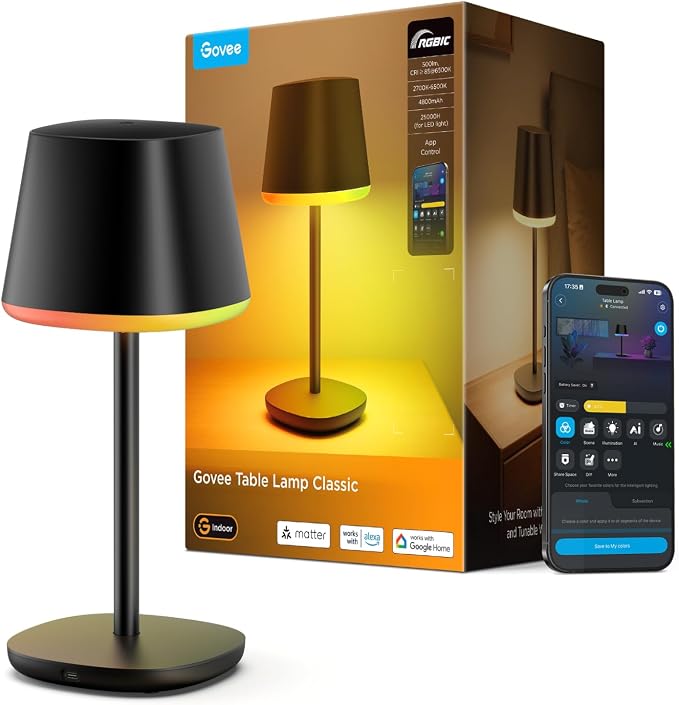 Govee Smart Cordless Table Lamp Classic (No Adapter), RGBIC Desk Lamp | Rechargeable Table Lamp for Bedroom, Living Room, Portable Lamp Works with Matter, Bedside Lamp with 72 Scenes Modes, 500lm by Unknown