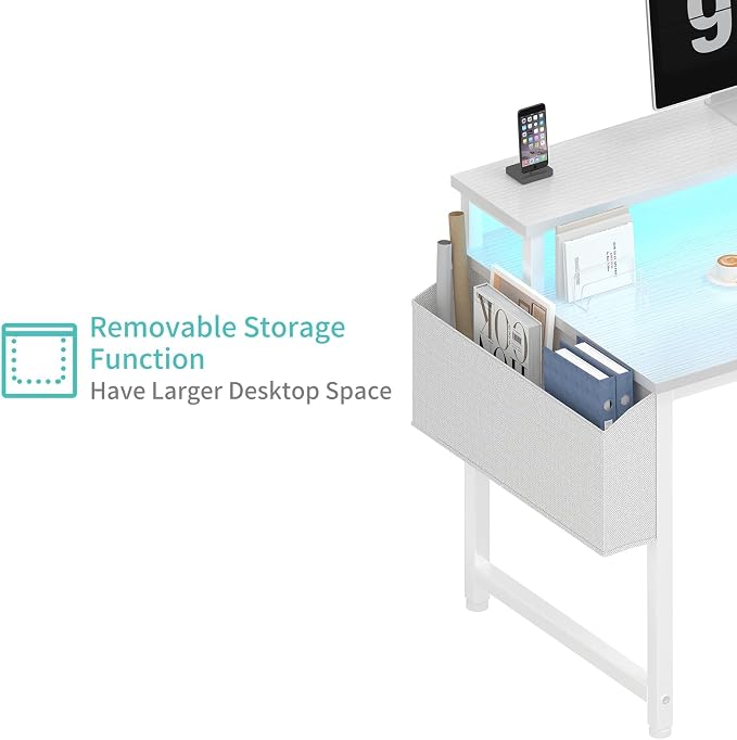Lufeiya White Computer Desk with LED Lights and Power Outlets, 40 Inch Home Office Desks with Monitor Stand, Teen Writing Study Table Gaming Desk with Charging Station, White - Image 7