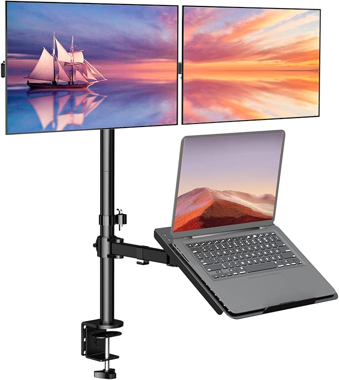 WALI Triple Arm Laptop and Dual Monitor Desk Mount for 17" Notebook and Up to 27" Screens, Extra Tall Adjustable Monitor Stand with Laptop Tray, VESA 75x75 100x100, Black (M002XLLP) by WALI