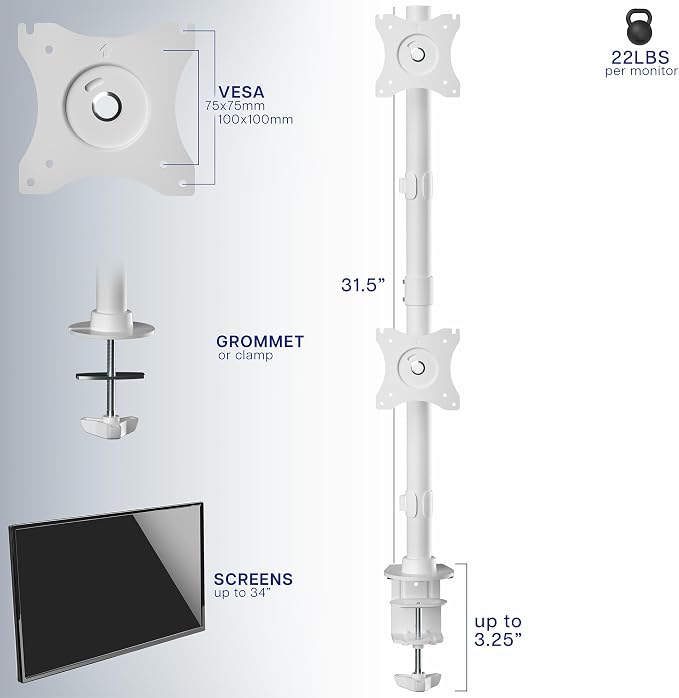 VIVO Dual Monitor Desk Mount Stand with Height Adjustment and VESA Plates for 2 LCD Ultrawide Screens up to 34 inches, Stacked Array, STAND-V002RW - Image 3