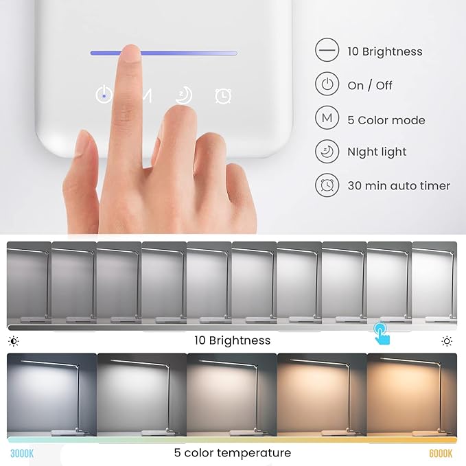 LED Desk Lamp with Night Light, Fast Wireless Charger, USB Charging Port, 10 Brightness, 5 Color Modes, Dimmable Bedside Table Lamp for Bedroom, Touch Control, Auto Timer, 1200Lux Super Bright - Image 4