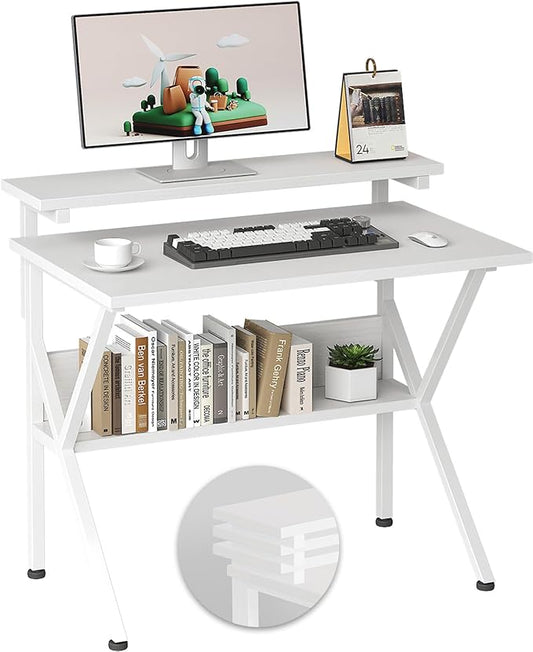 COTUBLR Small Desk, 27.5 Inch Small Computer Desk for Small Spaces, Computer Desk with Adjustable Monitor Stand, Compact Desk with Storage, Tiny Desk Study Desk for Bedroom Home Office, White by COTUBLR