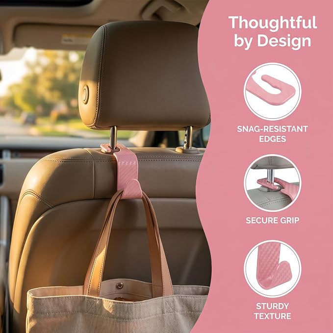 4PCS Car Seat Headrest Hooks, Auto Back Seat Hanger Holder, Durable Stylish Vehicle Organizer Universal Car Interior Accessories, Storage Hooks for Purses, Bags, Clothes (Carbon Fiber/Pink) - Image 3