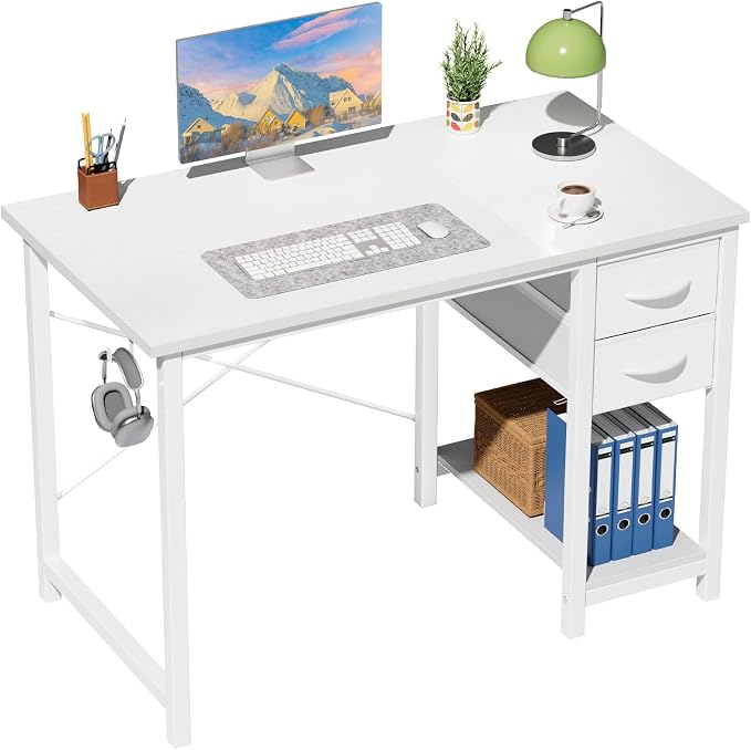 Sweetcrispy 40-Inch Computer Desk with Drawers, Office Desk, White | Small Desk for Bedroom Home Office with Side Hook, Modern Simple desk with storage for Writing by Sweetcrispy
