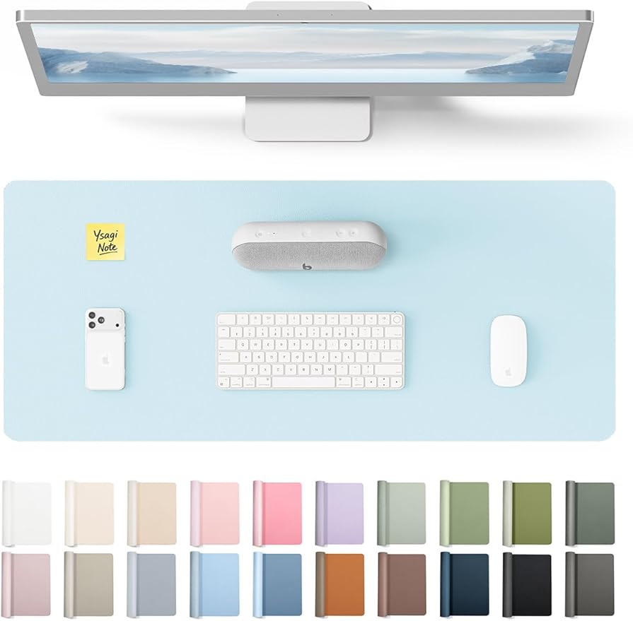 YSAGi Leather Desk Protector, Office Mat, Large Mouse Mat, Non-Slip PU Leather Blotter, Laptop Pad, Waterproof Writing Pad for Office and Home (Baby Blue, 23.6" x 13.8") by YSAGi