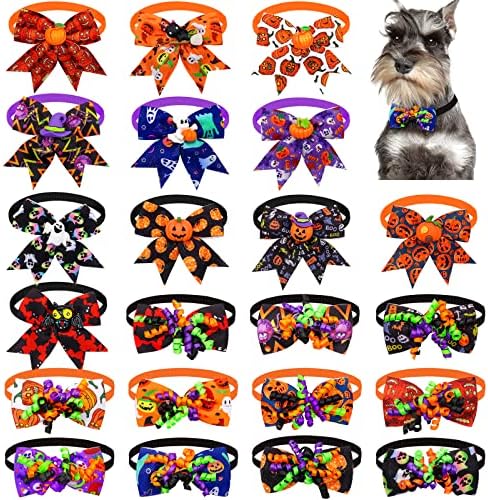 22Pcs Halloween Pet Bow Tie Set, Adjustable Halloween Neck Tie with Pumpkin Ghost Bat Decor for Pet Cats and Dogs by Senniea