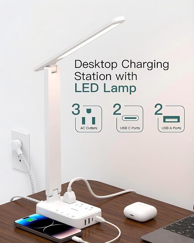 Addtam LED Desk Lamp, Power Strip with 3 Outlets 4 USB Charging Ports(2 USBC), 4 Modes 5 Level Brightness Touch Lamp, Small Desk Lamp for Home Office College Dorm Room Essentials, White - Image 2