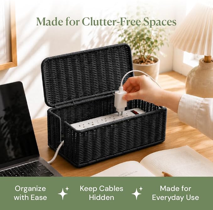 Cable Management Box, Handmade Rattan Cable Organizer with 2 Open Slots, Cord Hider for Power Strip, Router & USB Hub, Registered U.S. Design Patent (D1,112,102), 13" x 5.1" x 5.1", Black - Image 9