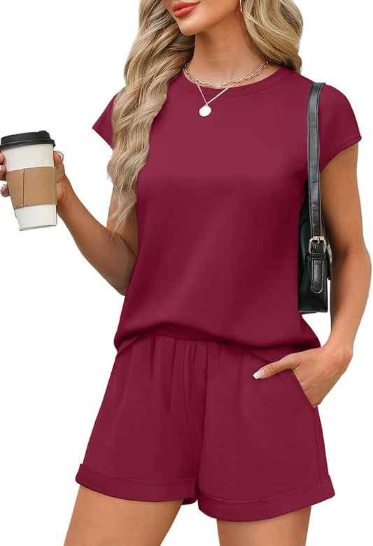 WIHOLL 2 Piece Sets for Women Casual Summer Travel Vacation Outfits Cap Sleeve Shorts Lounge Set by WIHOLL