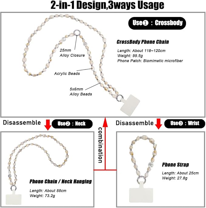 Phone Crossbody Strap, 2in1 Wrist Charm&Shoulder Lanyard,3Ways Usage free to Assembly and Disassembly Phone Strap with Tether Patches for Most Phones Bag Purse (L) - Image 2