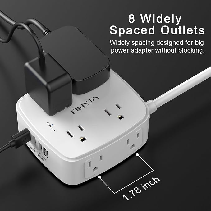 20 Ft Surge Protector Power Strip - 8 Widely Outlets with 4 USB Ports, 3 Side Outlet Extender with 20 Feet Extension Cord, Flat Plug, Wall Mount, Desk USB Charging Station, ETL, White - Image 5