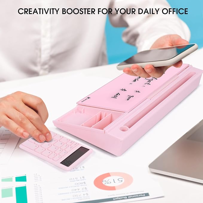 Varhomax Glass Desk Whiteboard Pink with Calculator, Desktop Dry Erase White Board with Storage, to Do List Memo Notepad for Home and Office - Image 2