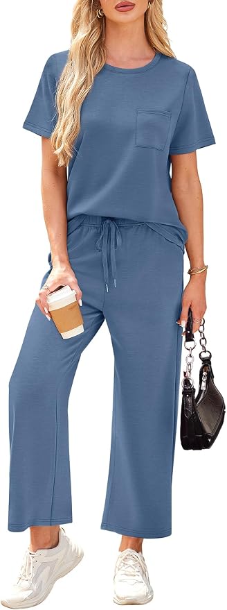 WIHOLL 2 Piece Sets for Women Casual Summer Travel Vacation Outfits Short Sleeve Wide Leg Crop Pants Lounge Sets - Image 3