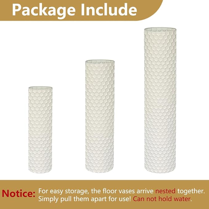 White Tall Floor Vase - Set of 3 Large Metal Decorative Vases for Living Room, 27.6in Long Modern Minimalist Big Cylinder Standing Rustic Boho Corner Decor for Farmhouse Entryway Pampas Grass - Image 7