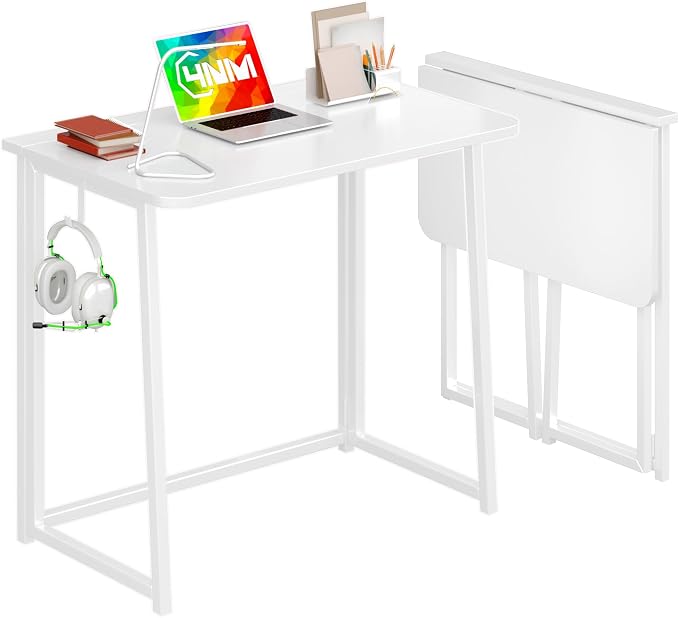 4NM 31.5" Small Folding Desk, Foldable Computer Home Office Desk, Study Writing Table for Small Space Saving Bedroom, Easy Assembly - All White by 4NM