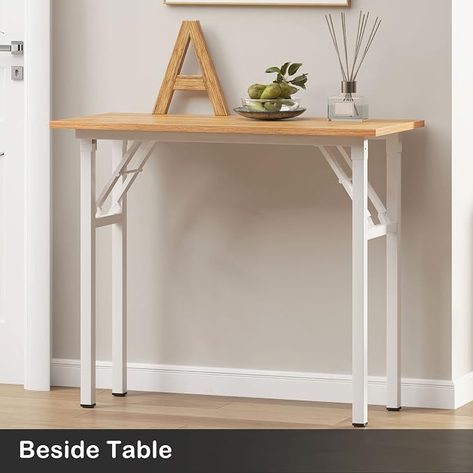 Need Small Computer Desk 31.5 in Folding Home Office Table Teak | White Frame Writing Gaming Work Table/Sturdy Foldable Study Table for Small Space/Dormitory, No Assembly Required - Image 2
