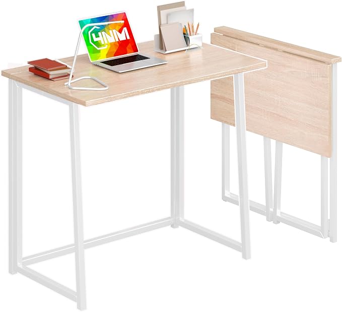 4NM 31.5" Small Folding Desk, Foldable Computer Home Office Desk, Study Writing Table for Small Space Saving Bedroom, Easy Assembly - Natural and White by 4NM