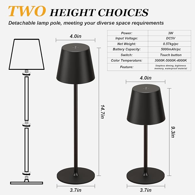 Kakanuo Cordless Table Lamp Rechargeable Black - KK 4 Pack Battery Operated Lamp for Dining Table, 3 Color Stepless Dimming Wireless Lamp for Counter, Outdoor Patio, Touch Control - Image 5