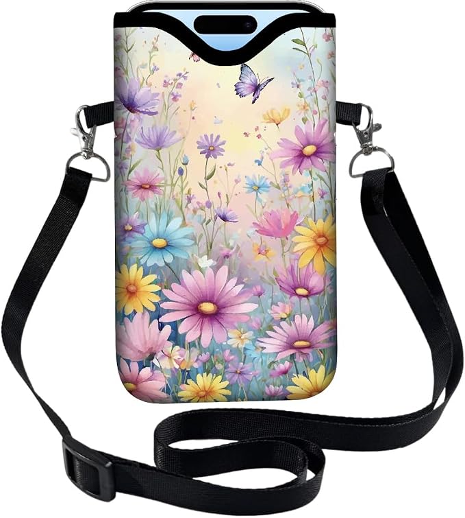 Neoprene Cell Phone Sleeve Pouch with Adjustable Strap Neck Lanyard Fits Most Smartphones 7.1 x 3.9 Inch Waterproof Phone Pouch Floral Butterfly Carrying Cellphone Case Bag for Women Men by PRESSINART
