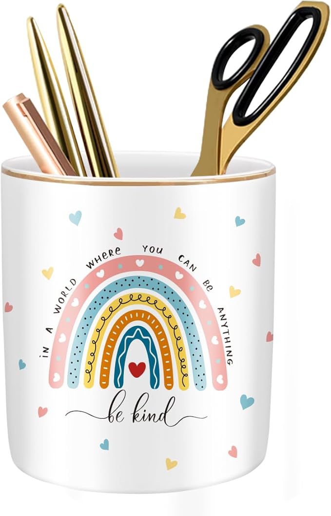 Pen Holder, Ceramic Durable Pencil Cup for Desk， Simple&Modern Style Makeup Organizer, Cute Multifunctional Office Supplies for Home, Kids and School, Rainbow Pattern by WAVEYU
