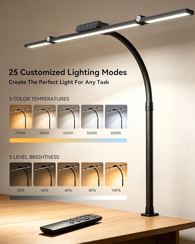 LED Desk Lamp Clamp 24W Adjustable Neck Touch Remote Control | 24W Ultra Bright LED Lighting, Flexible Adjustable Clamp Design, Flexible Adjustable Clamp Design - Image 3
