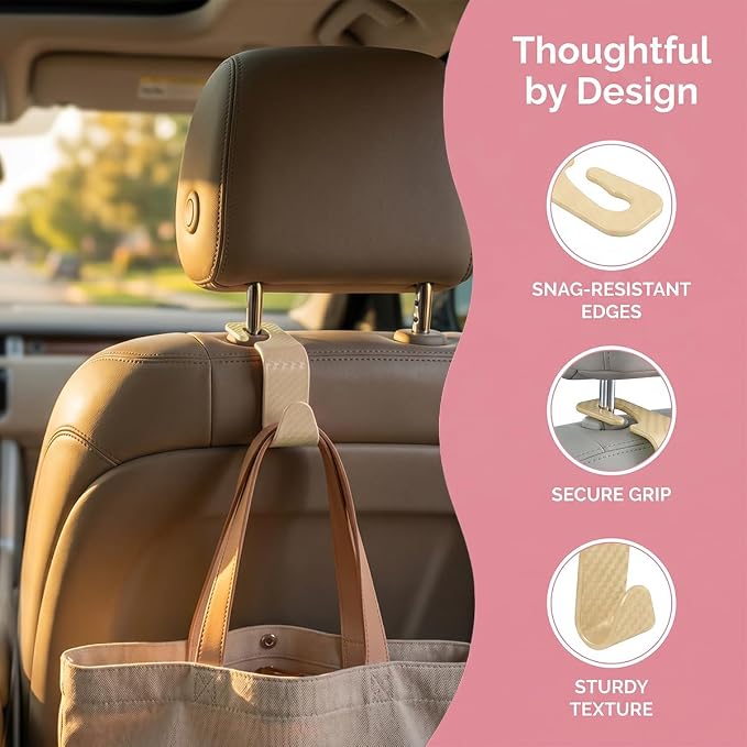 4PCS Car Seat Headrest Hooks, Auto Back Seat Hanger Holder, Durable Stylish Vehicle Organizer Universal Car Interior Accessories, Storage Hooks for Purses, Bags, Clothes (Carbon Fiber/Beige) - Image 3
