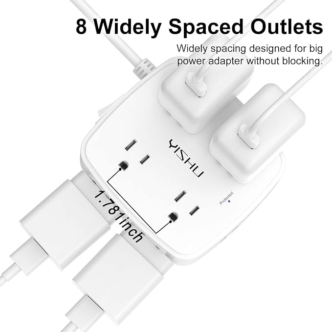 6 Ft Surge Protector Power Strip - 8 Widely Outlets with 4 USB Ports, 3 Side Outlet Extender with 6 Feet Extension Cord, Flat Plug, Wall Mount, Desk USB Charging Station, ETL,White - Image 3