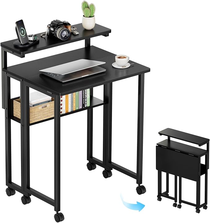 GreenForest Folding Desk with Adjustable Monitor Stand, 24.8 in Small Desk | Storage Shelf, Lockable Wheels, Portable, Space Saving, Mobile Rolling Table for Small Spaces, Home Office, Writing, Black by GreenForest
