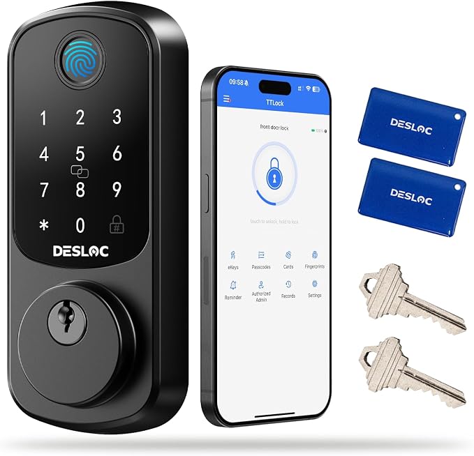 DESLOC B200 Fingerprint Smart Door Lock with App Control, Keyless Entry Deadbolt for Front Door, Auto Lock, Touchscreen Keypad, 8 Unlock Methods, USB-C Backup Power, 12-Month Battery, BHMA Grade3 by DESLOC