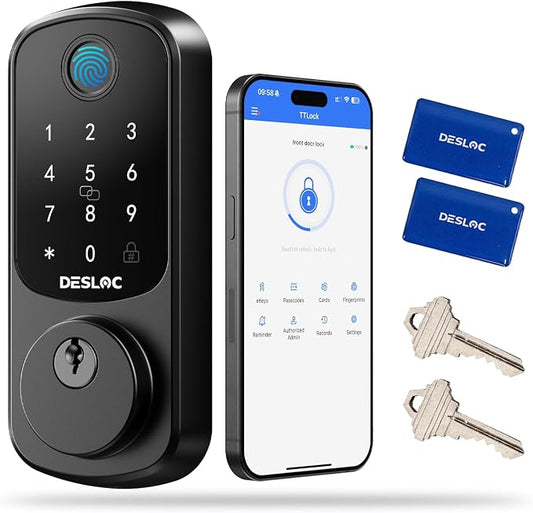 DESLOC B200 Fingerprint Smart Door Lock with App Control, Keyless Entry Deadbolt for Front Door, Auto Lock, Touchscreen Keypad, 8 Unlock Methods, USB-C Backup Power, 12-Month Battery, BHMA Grade3 by DESLOC
