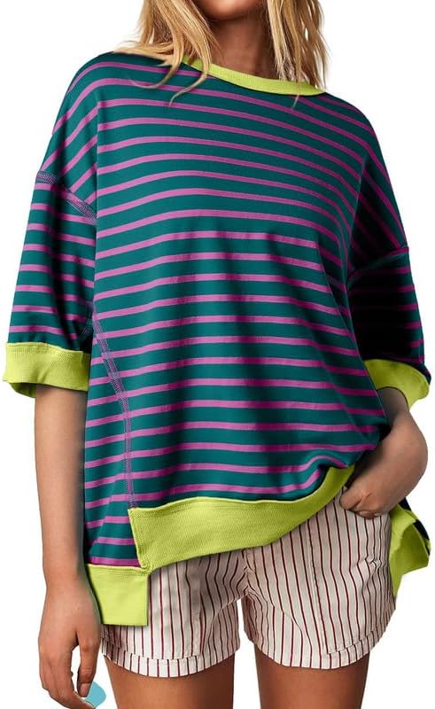 SHEWIN Womens Tops Casual Short Sleeve Sweatshirt Crewneck Striped Shirt Pullover T Shirts Loose Blouses - Image 3