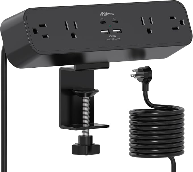 Mifaso PD20W USB C Desk Clamp Power Strip, 1080J Surge Protector | 4 Outlets, 4 USB (2 USBC), 5FT Extension Cord, Desk Organizer Gaming Accessories Office Essentials, Fits 1.96" Edge, Black by Mifaso