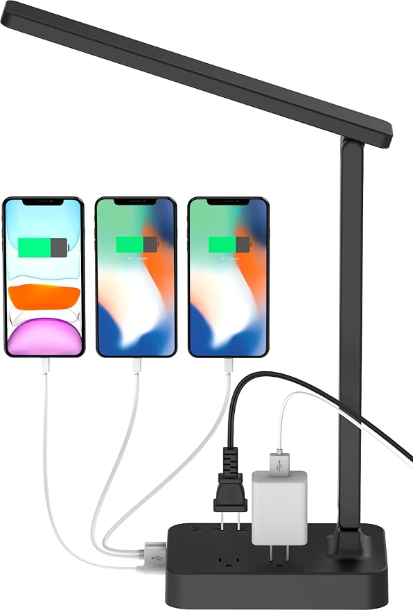 Drevet LED Desk lamp with USB C Charging Port, Table Light with 3 USB Charger and 2 AC Power Outlet, 3 Color Model, 3 Level Brightness, Touch Control, Memory Function, Eye-Caring Office Foldable Lamp by Drevet