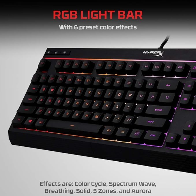 HyperX Alloy Core RGB – Membrane Gaming Keyboard, Comfortable Quiet Silent Keys with RGB LED Lighting Effects, Spill Resistant, Dedicated Media Keys, Compatible with Windows 10/8.1/8/7 – Black - Image 6