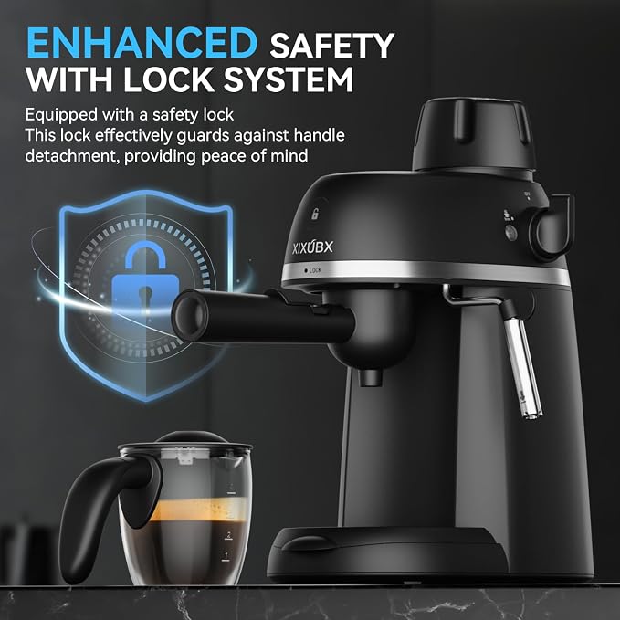 XIXUBX Compact Espresso & Cappuccino Machine, 3.5 Bar with Steam Wand | 800W Fast Heating, Safety Lock & Tritan Cup, One-Touch 4-Cup Brewing & Powerful Steam for Latte, Black for Home & Office - Image 6