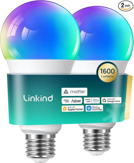 Linkind Matter Smart Light Bulb,1600LM 100W Smart Bulbs Work with Alexa/Apple Home/Google Home/SmartThings, RGBTW LED Color Changing Bulbs Music Sync, 2.4GHz Wi-Fi Light Bulbs LED 11W, A21 E26, 2Pack by Linkind