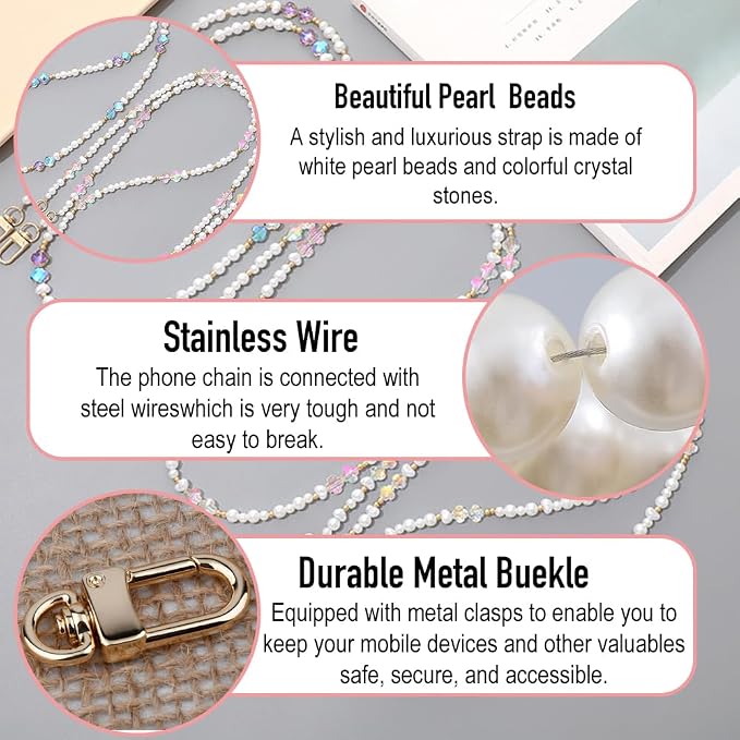 Phone Chain Crossbody Pearl Strap,Pearl Beaded Chain Shoulder Crossbody Lanyard with Phone Tether Patches Compatible with Most Phones Bag Purse (F) - Image 2