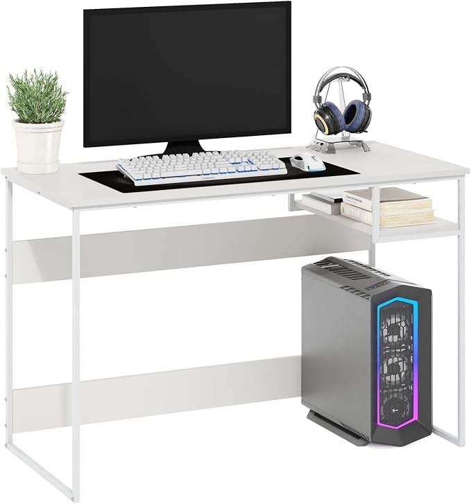 Furinno Moretti Desk, 45" Wide Metal Frame Gaming Desk with Open Shelf, Computer Desk, Writing Desk, Office Desk for Home Office, Study Room, Dorm, Bedroom, Solid White by Furinno-FitsYourSpaceFitsYourBudget