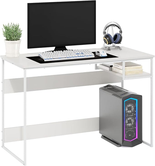 Furinno Moretti Desk, 45" Wide Metal Frame Gaming Desk with Open Shelf, Computer Desk, Writing Desk, Office Desk for Home Office, Study Room, Dorm, Bedroom, Solid White by Furinno-FitsYourSpaceFitsYourBudget