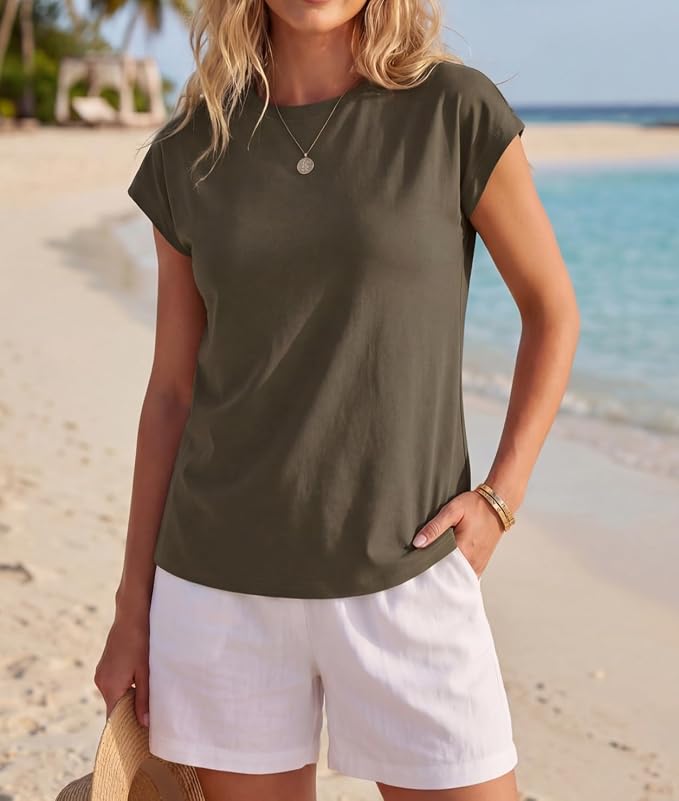 GRECERELLE Womens Summer Tops Cap Sleeve Crew Neck Basic T-Shirt | Everyday Casual Wear, Layering Friendly, Wrinkle-Resistant, Business Casual Ready, Lightweight & Packable, Capsule Wardrobe - Image 3