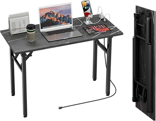 TEMI Small Computer Desk Folding Table - No Assembly, Compact 43.3" Foldable Desk with Power Outlets & USB Charging Port, Portable Small Office Desk, Ideal Mini Study Table, Marble Greige by TEMI