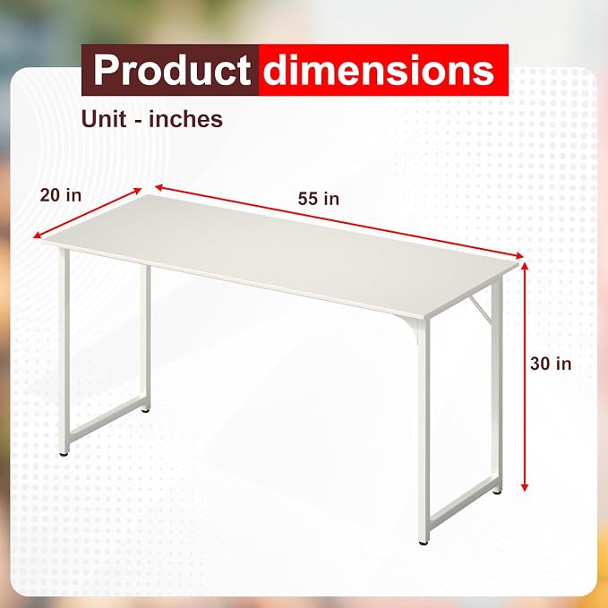 PayLessHere | 55 Inch Computer Desk | White | Office Desk with Metal Frame, Adjustable Feet | Water-Resistant, Scratchproof Surface | Sturdy Writing Table for Home Office or Study | Pack of 1 - Image 3