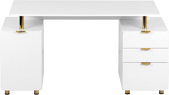 Techni Mobili 57"W Computer Desk w/ 3 Drawers & Storage Cabinet, White/Gold | Home office workstation, durable construction, everyday productivity, Ideal for home office, Workspace organization - Image 5