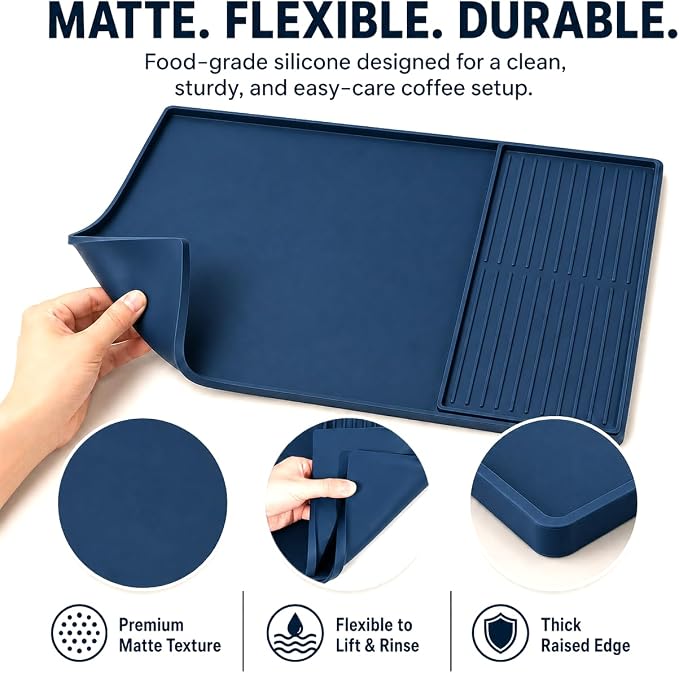 Silicone Coffee Mat 24 x 16 in with Tray, Deep Sea Blue | Coffee bar mat for countertop use, coffee station mat or coffee machine mat with removable tray and 0.47 in raised rim. - Image 5