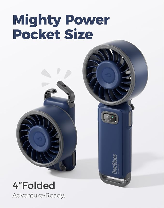 Diveblues Fanzy D6036 Portable Handheld Fan, Harbor Blue | 7.4m/s High Speed Turbo, 180° Foldable 4-in-1, Integrated Carabiner Clip, 100 Speed Stepless Control - Image 3