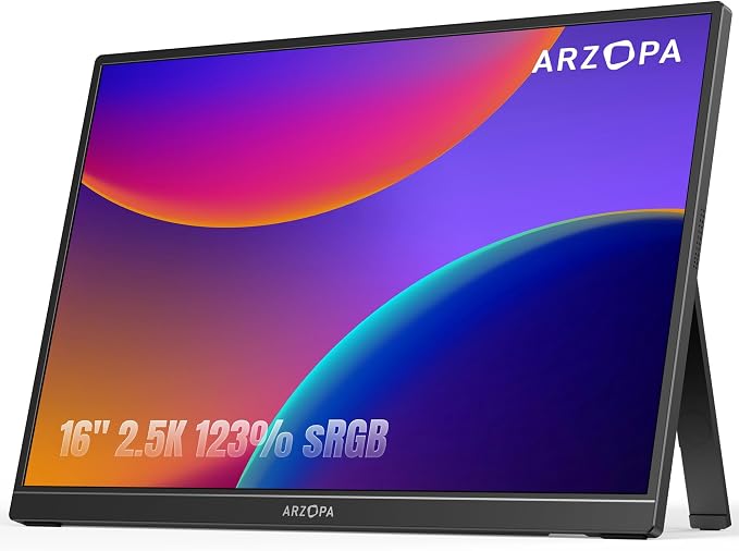ARZOPA 16" 2.5K Portable Monitor, 2560x1600 QHD IPS Display 123% sRGB with Built-in Stand USB-C HDMI Eye Care External Second Screen for Mac Laptop Phone PS4/5 Xbox Switch -Z1RC by ARZOPA