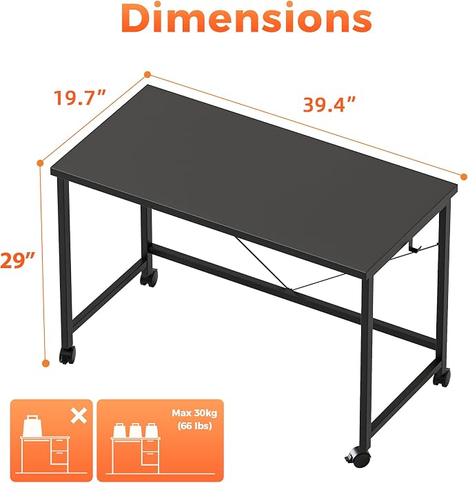 Mericonia 39x20 Inch Computer Desk with Wheels, Small Simple Rolling Desk | Writing Table for Home Office Bedroom Work Study, Black - Image 2