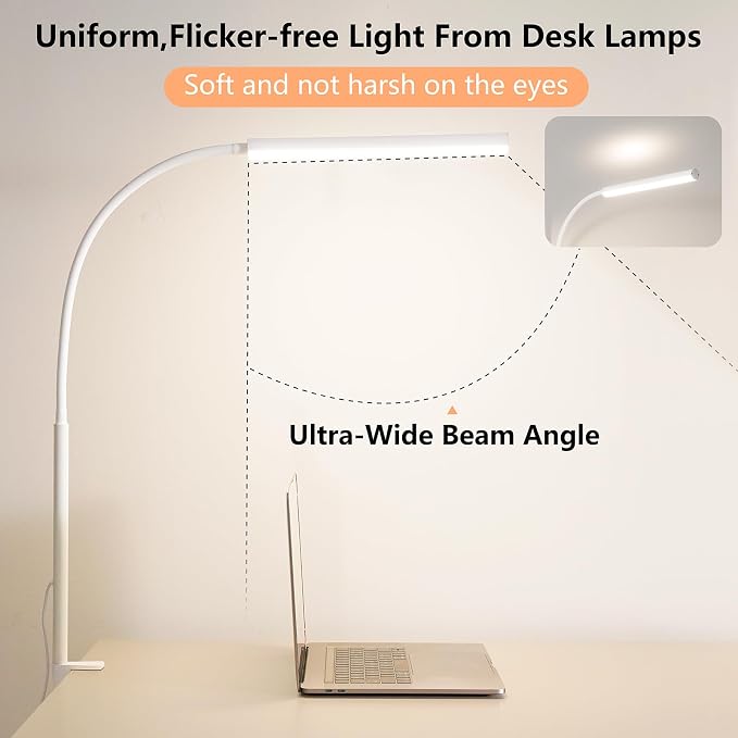 LED Desk Lamp for Office Home, Adjustable Flexible Eye-Caring Desk Light with,5 Modes 10 Brightness Adjustment, USB Adapter Desk Lamp with Clamp-LK-W - Image 6