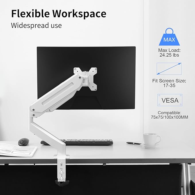 Suptek Monitor Mount Gas Spring Monitor Arm Desk Mount Fully Adjustable Fits 17 20 22 23 24 26 27 32 35 inch Monitors Weight Capacity up to 24.25 lbs, White - Image 3